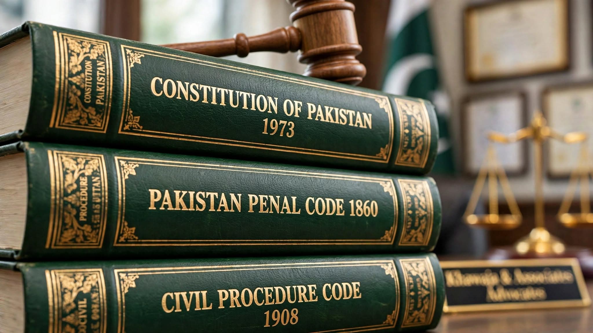 Constitution of Pakistan, Pakistan Penal Code and Civil Procedure Code volumes with a gavel, on the chamber's desk